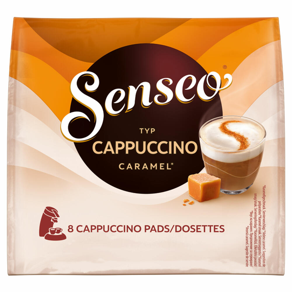 Senseo Kaffeepads Cappuccino Caramel / Karamell, Kaffee mit Karamellgeschmack, neue Rezeptur, 8 Pads