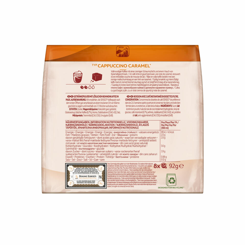 Senseo Kaffeepads Cappuccino Caramel / Karamell, Kaffee mit Karamellgeschmack, neue Rezeptur, 8 Pads