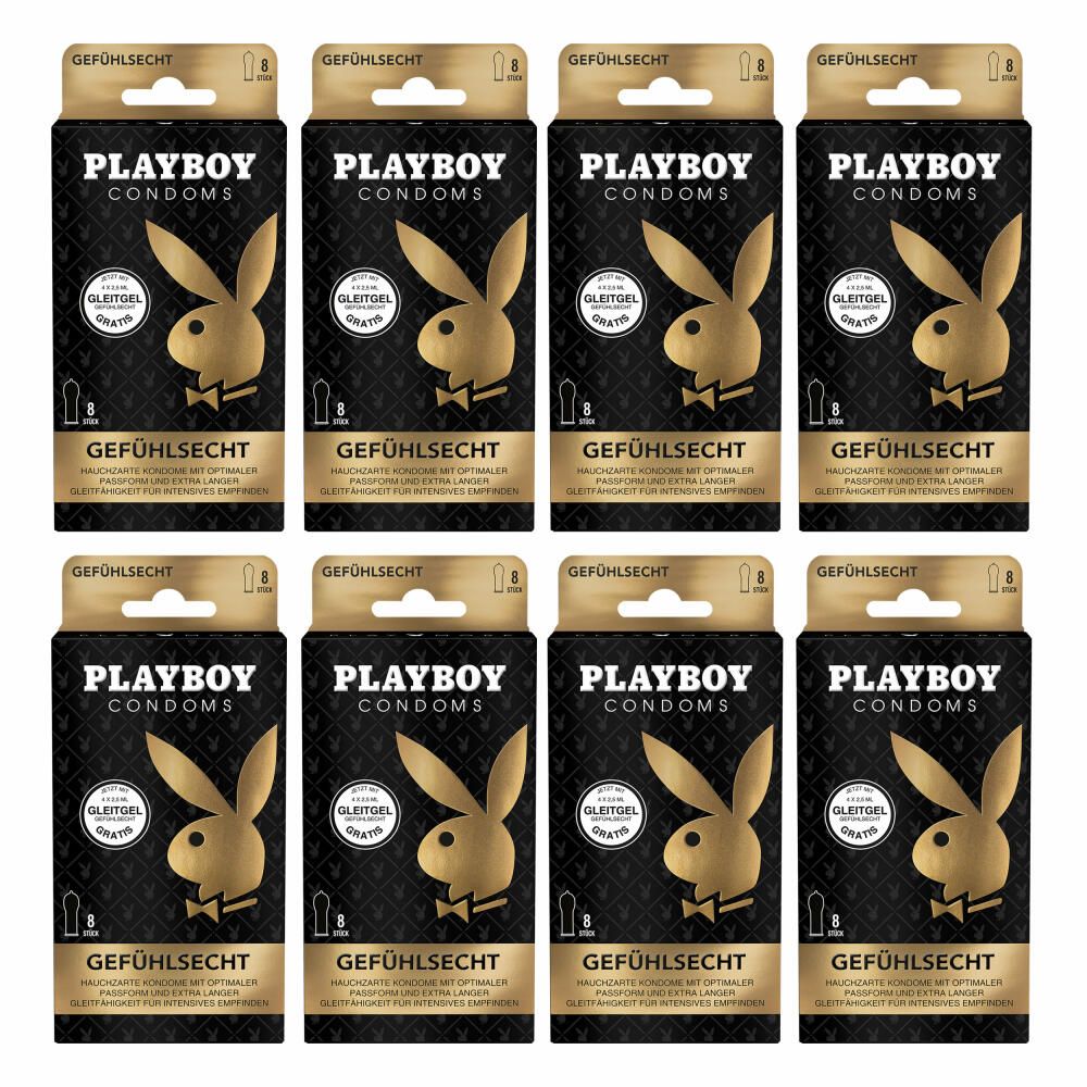 Playboy Condoms Kondome Gefühlsecht, Verhütungsmittel, Intensiv, mit Gleitgel gratis, 56 mm, 8 x 8 Stück