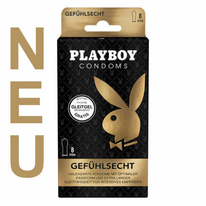 Playboy Condoms Kondome Gefühlsecht, Verhütungsmittel, Intensiv, mit Gleitgel gratis, 56 mm, 8 x 8 Stück
