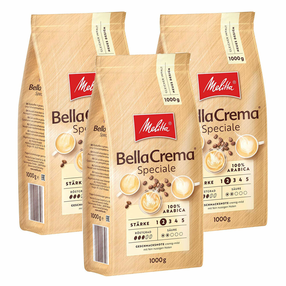 Melitta Kaffee BellaCrema Speciale ganze Bohne, milde Kaffeebohnen, 3er Pack, 3 x 1000g