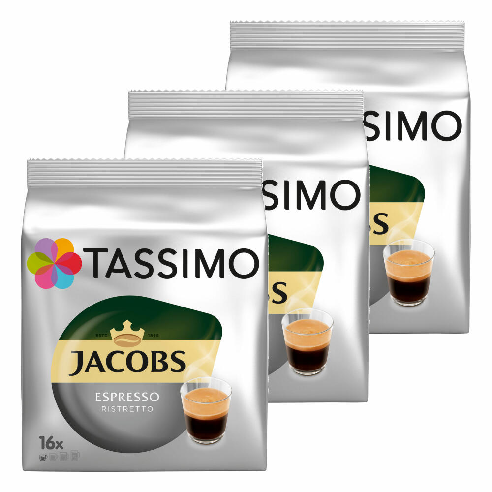 Tassimo Jacobs Espresso Ristretto, coffee, coffee capsule, ground roasted coffee, pack of 3, 3 x 16 T-Discs