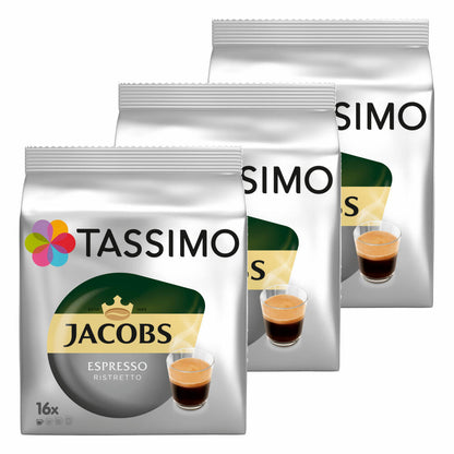 Tassimo Jacobs Espresso Ristretto, coffee, coffee capsule, ground roasted coffee, pack of 3, 3 x 16 T-Discs