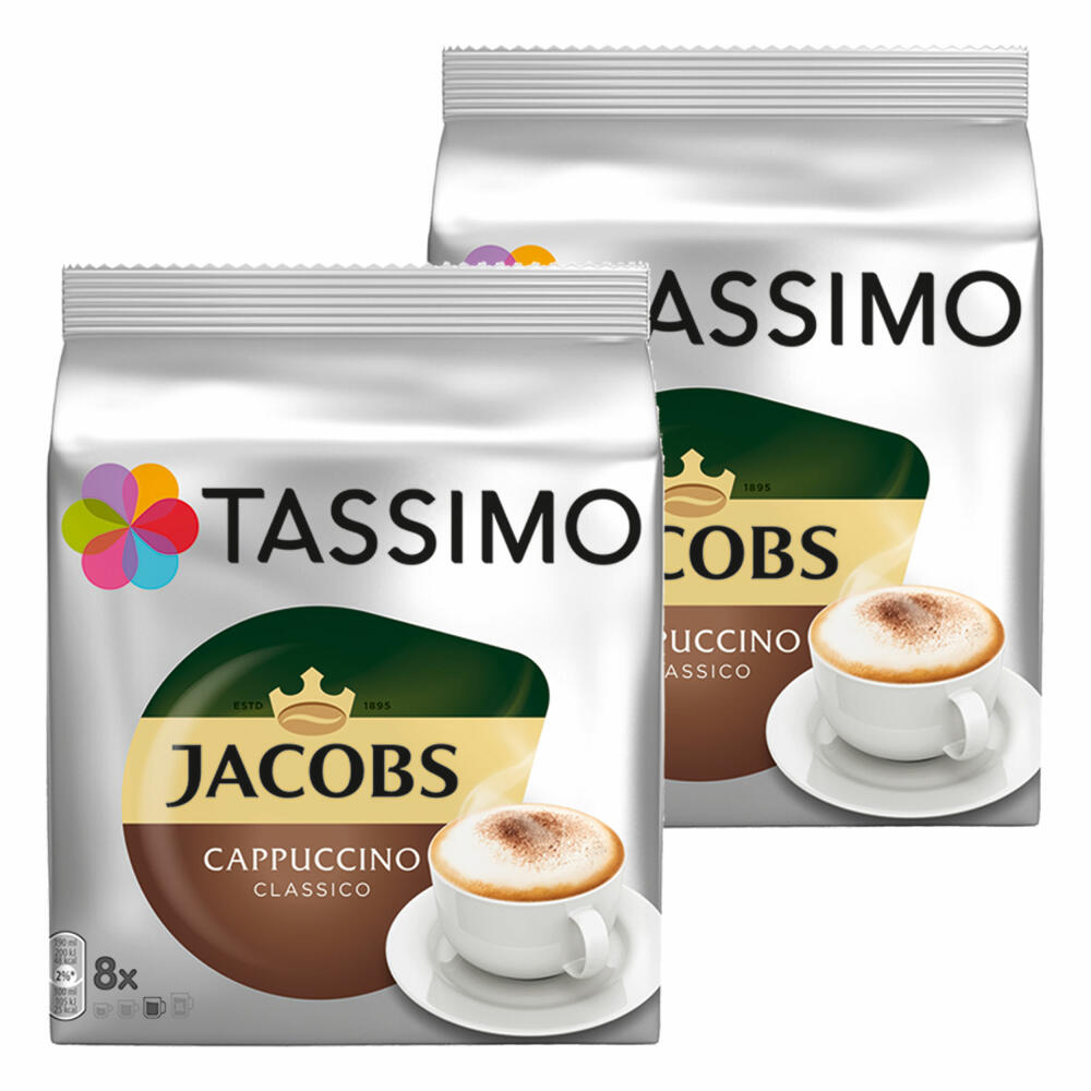 Tassimo Jacobs Cappuccino, coffee, coffee capsules, ground roasted coffee, pack of 2, 2 x 16 T-Discs (8 servings)