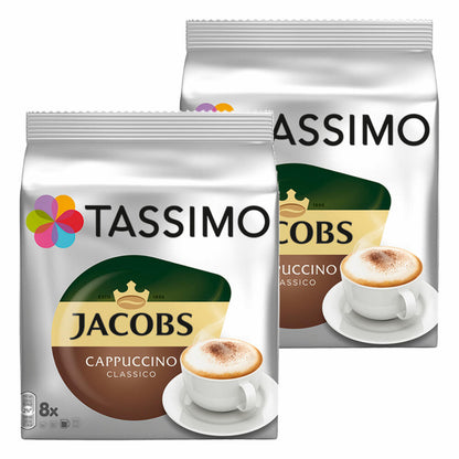 Tassimo Jacobs Cappuccino, coffee, coffee capsules, ground roasted coffee, pack of 2, 2 x 16 T-Discs (8 servings)