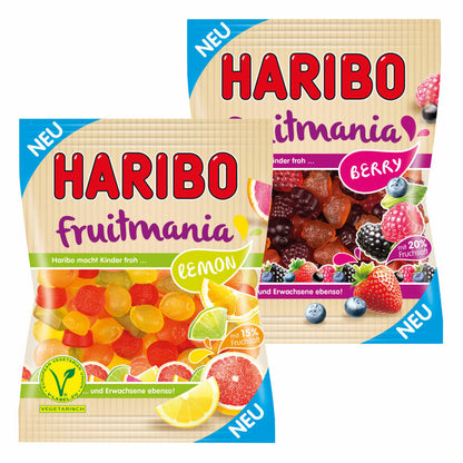 Haribo Fruitmania Set of 2, Lemon, Berry, with fruit juice, gummy bears, wine gums, fruit gums, in bag