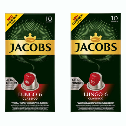 Jacobs Lungo 6 Classico, coffee capsules, Nespresso compatible, coffee, 20 capsules, 5.2 g each