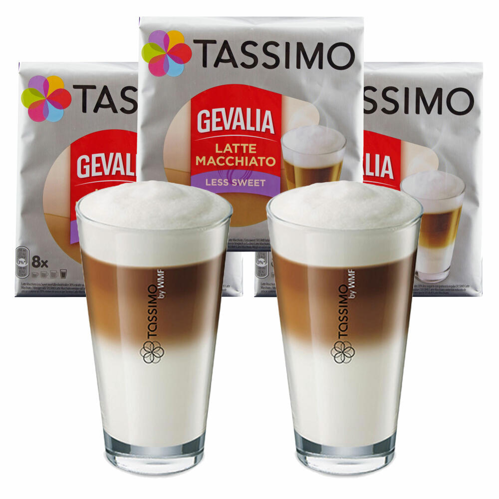Tassimo Gevalia Latte Macchiato Less Sweet Gift Set with Glass, 5-piece, Less Sweet, Ground Roasted Coffee, Coffee Capsule, T-Discs