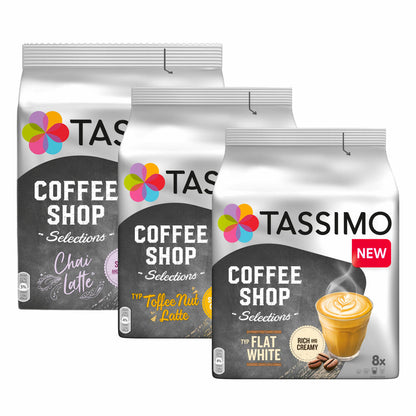 Tassimo Coffee Shop Selection Set, Chai Latte, Flat White, Toffee Nut Latte, 3 Sorten, 40 T-Discs / 24 Portionen