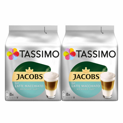Tassimo Jacobs Type Latte Macchiato Less Sweet Set of 2, Coffee Capsule, Milk Coffee, 32 T-Discs / 16 Servings