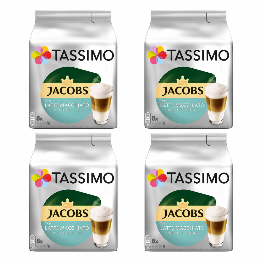 Tassimo Jacobs Type Latte Macchiato Less Sweet Set of 4, Coffee Capsule, Milk Coffee, 64 T-Discs / 32 Servings