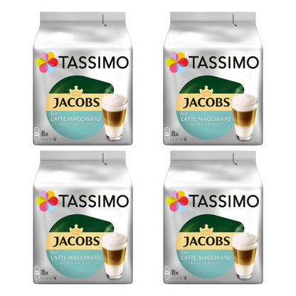 Tassimo Jacobs Type Latte Macchiato Less Sweet Set of 4, Coffee Capsule, Milk Coffee, 64 T-Discs / 32 Servings