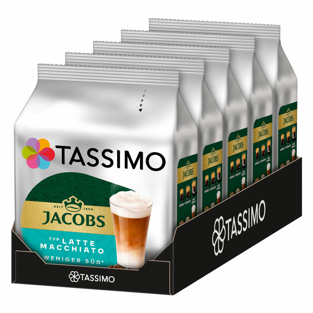 Tassimo Jacobs Type Latte Macchiato Less Sweet Set of 5, Coffee Capsule, Milk Coffee, 80 T-Discs / 40 Servings