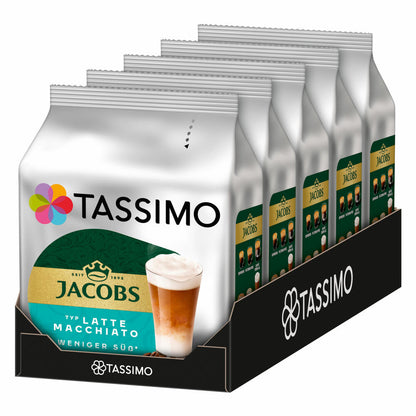 Tassimo Jacobs Type Latte Macchiato Less Sweet Set of 5, Coffee Capsule, Milk Coffee, 80 T-Discs / 40 Servings