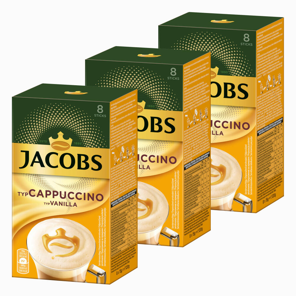 Jacobs Soluble Coffee Type Cappuccino Type Vanilla, Pack of 3, Instant Coffee, Instant, 3 x 8 cup portions