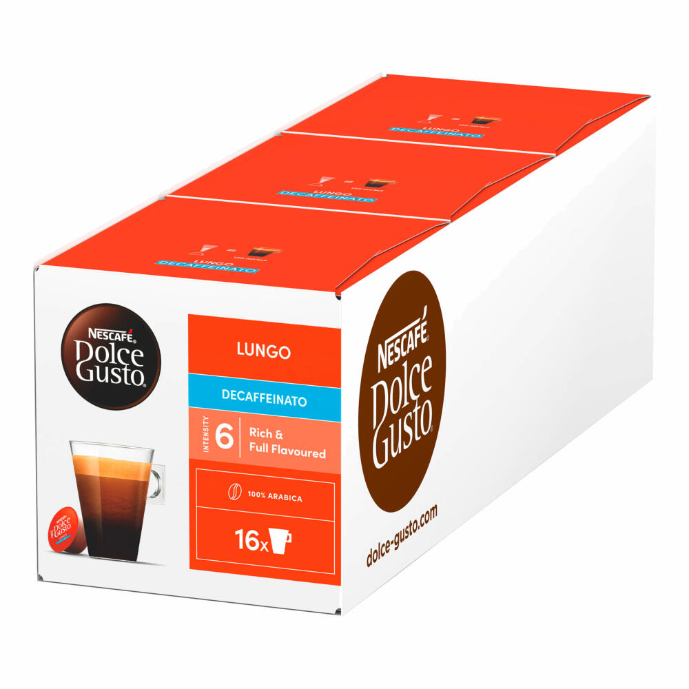 Nescafé Dolce Gusto Caffè Lungo Decaffeinato, Entkoffeiniert, Kaffee, Kaffeekapsel, 3er Pack, 3 x 16 Kapseln
