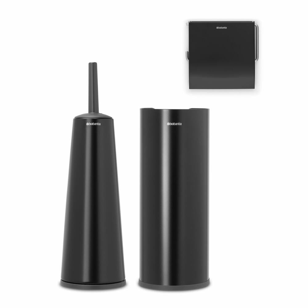 Brabantia Toilettenzubehör-Set ReNew, Klobürste, Klobürstenhalter, Toilettenpapierhalter, Stahl, Matt Black, 280603