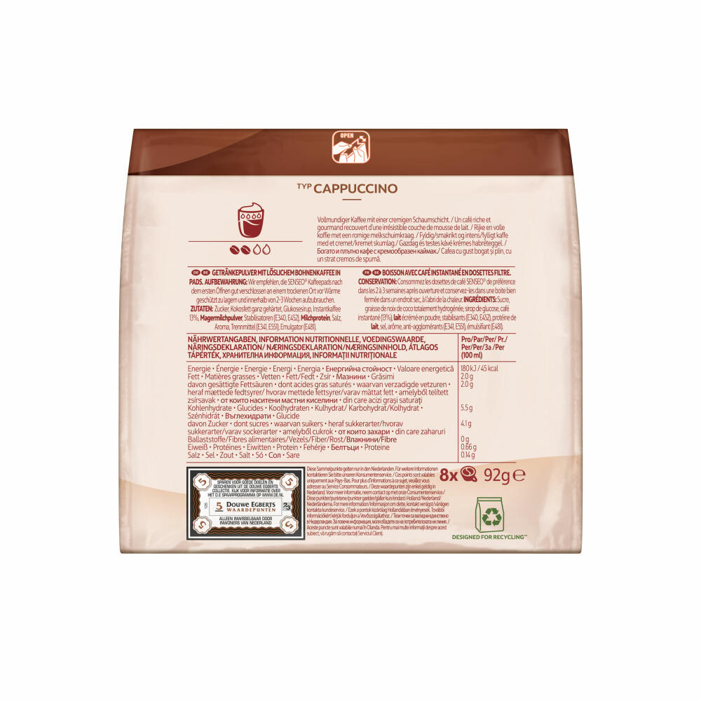 Senseo coffee pads cappuccino, milk foam classic, coffee, new recipe, 8 pads