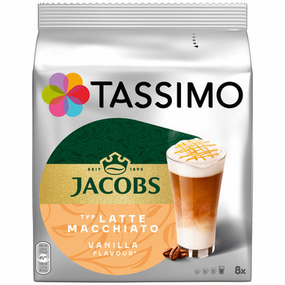 Tassimo Latte Macchiato Vanilla, Kaffee, Vanille Milchkaffee Kaffeekapsel, gemahlener Röstkaffee, 16 T-Discs / 8 Portionen