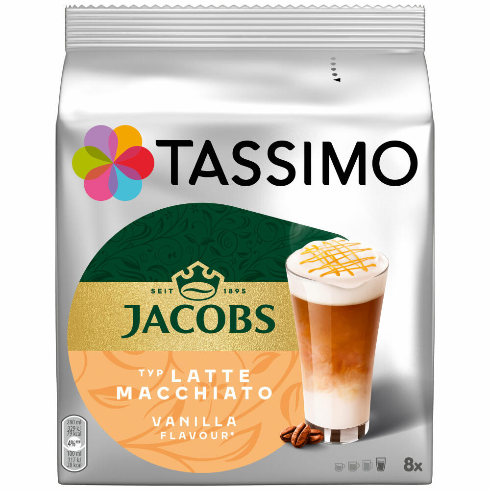 Tassimo Latte Macchiato Vanilla, Kaffee, Vanille Milchkaffee Kaffeekapsel, gemahlener Röstkaffee, 16 T-Discs / 8 Portionen