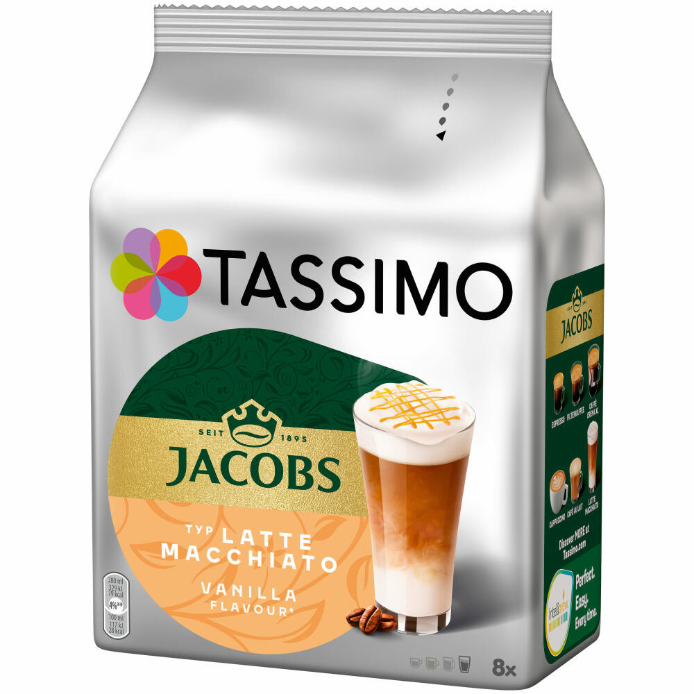 Tassimo Latte Macchiato Vanilla, Kaffee, Vanille Milchkaffee Kaffeekapsel, gemahlener Röstkaffee, 16 T-Discs / 8 Portionen