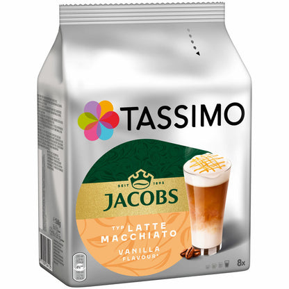 Tassimo Latte Macchiato Vanilla, Kaffee, Vanille Milchkaffee Kaffeekapsel, gemahlener Röstkaffee, 16 T-Discs / 8 Portionen