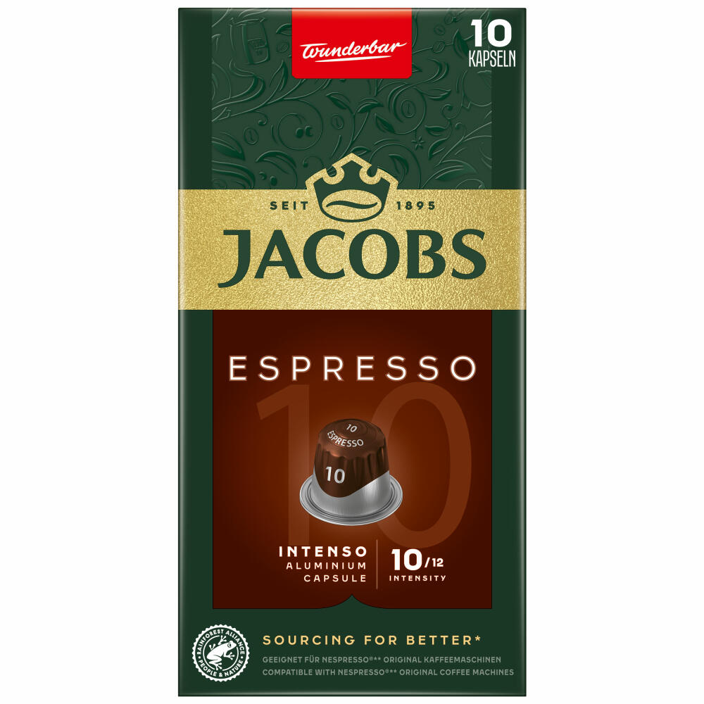 Jacobs Espresso 10 Intenso, Kaffeekapseln, Nespresso Kompatibel, Kaffee, 10 Kapseln, á 5.2 g