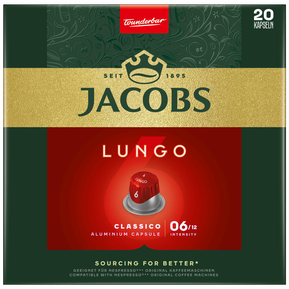 Jacobs Lungo 6 Classico, coffee capsules, Nespresso compatible, coffee, 20 capsules, 5.2 g each