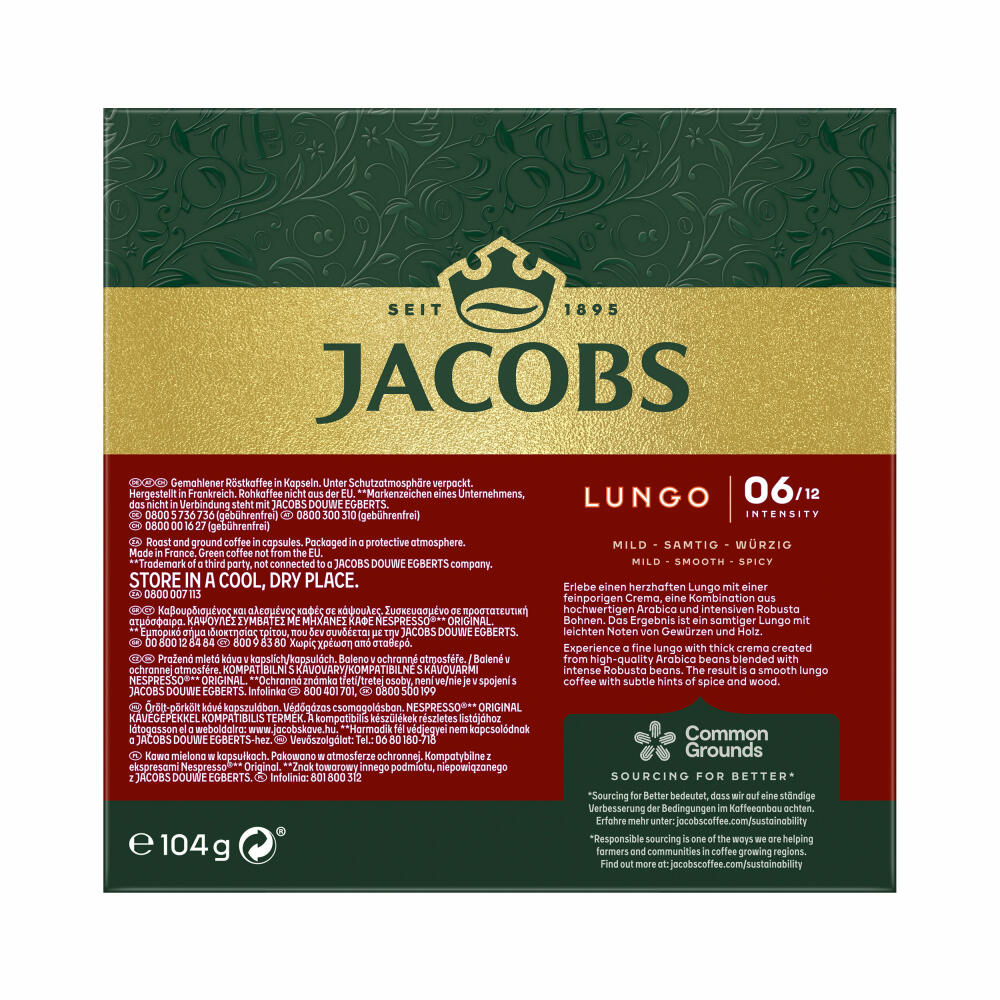 Jacobs Lungo 6 Classico, Kaffeekapseln, Nespresso Kompatibel, Kaffee, 20 Kapseln, á 5.2 g
