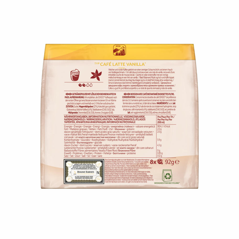 Senseo Kaffeepads Café Latte Vanilla, Vanille Milchkaffee, Milch Kaffee Pad, 8 Pads