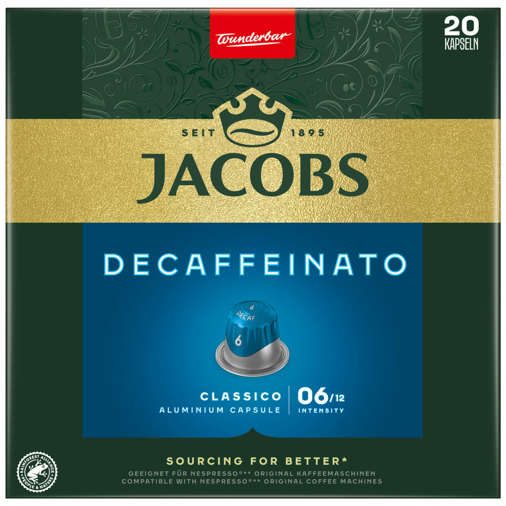 Jacobs Decaffeinato 6 Lungo, Kaffeekapseln, entkoffeiniert, Nespresso Kompatibel, Kaffee, 20 Kapseln á 5.2 g