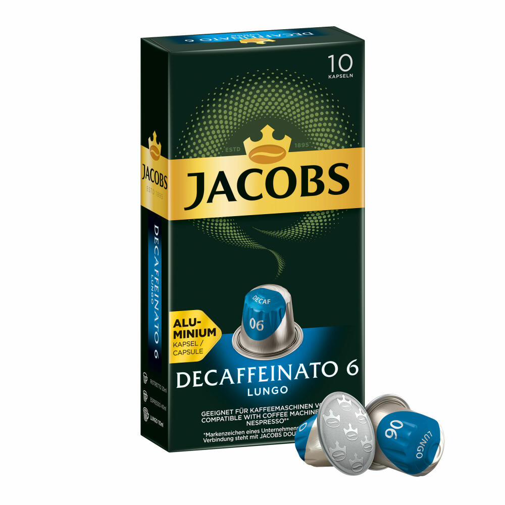Jacobs Decaffeinato 6 Lungo, Kaffeekapseln, Nespresso Kompatibel, Kaffee, 10 Kapseln, á 5.2 g