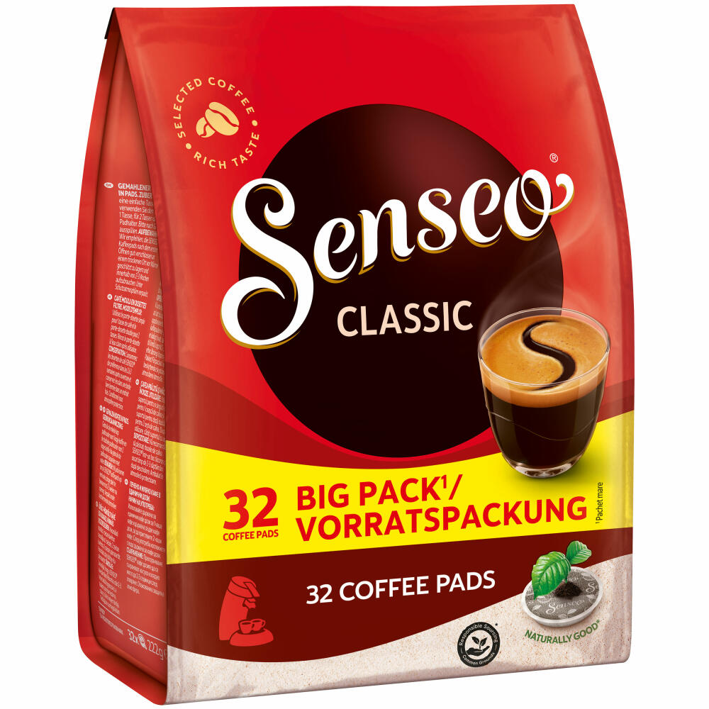 Senseo Kaffeepads Classic Vorratspackung, Klassisch, gemahlener Röstkaffee, 32 Pads