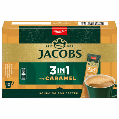 Jacobs 3in1 löslicher Kaffee, Typ Caramel, Karamell Kaffeegetränk, Instantkaffee, 10 Becherportionen