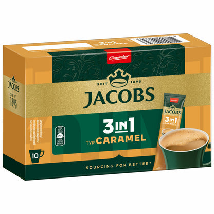 Jacobs 3in1 löslicher Kaffee, Typ Caramel, Karamell Kaffeegetränk, Instantkaffee, 10 Becherportionen