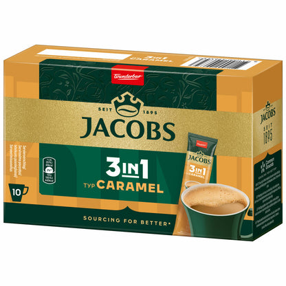 Jacobs 3in1 löslicher Kaffee, Typ Caramel, Karamell Kaffeegetränk, Instantkaffee, 10 Becherportionen