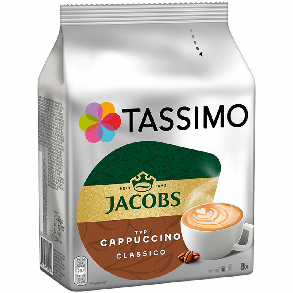 Tassimo Jacobs Cappuccino Coffee, coffee capsules ground roasted coffee, 16 T-Discs (8 servings)