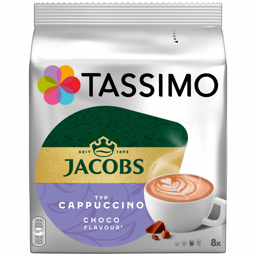 Tassimo Jacobs Cappuccino Choco, Kaffee, Milchkaffee, Kakao, Schoko Geschmack, Kapsel, 8 T-Discs