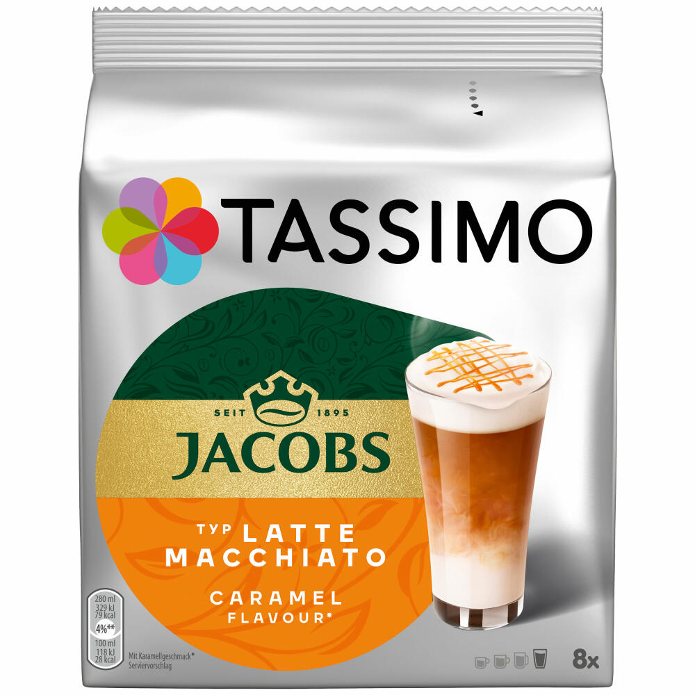 Tassimo Jacobs Latte Macchiato Caramel, Kaffee, Karamell, Milchkaffee, Kapsel, 16 T-Discs / 8 Portionen