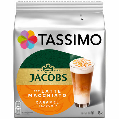 Tassimo Jacobs Latte Macchiato Caramel, Kaffee, Karamell, Milchkaffee, Kapsel, 16 T-Discs / 8 Portionen