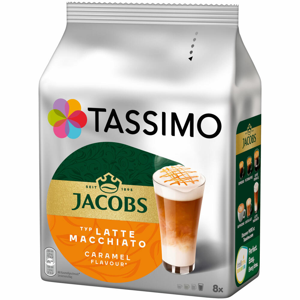 Tassimo Jacobs Latte Macchiato Caramel, Kaffee, Karamell, Milchkaffee, Kapsel, 16 T-Discs / 8 Portionen