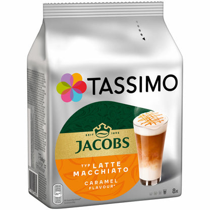 Tassimo Jacobs Latte Macchiato Caramel, Kaffee, Karamell, Milchkaffee, Kapsel, 16 T-Discs / 8 Portionen