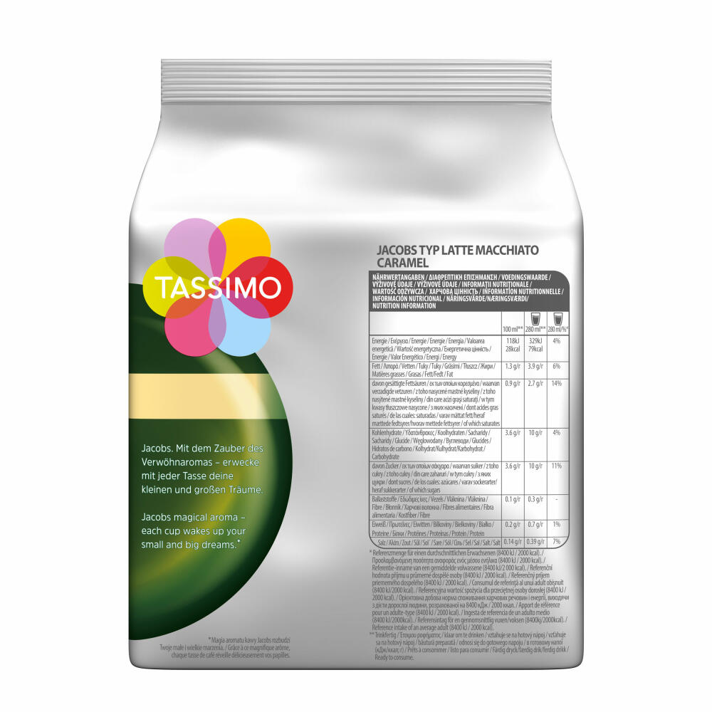 Tassimo Jacobs Latte Macchiato Caramel, Kaffee, Karamell, Milchkaffee, Kapsel, 16 T-Discs / 8 Portionen