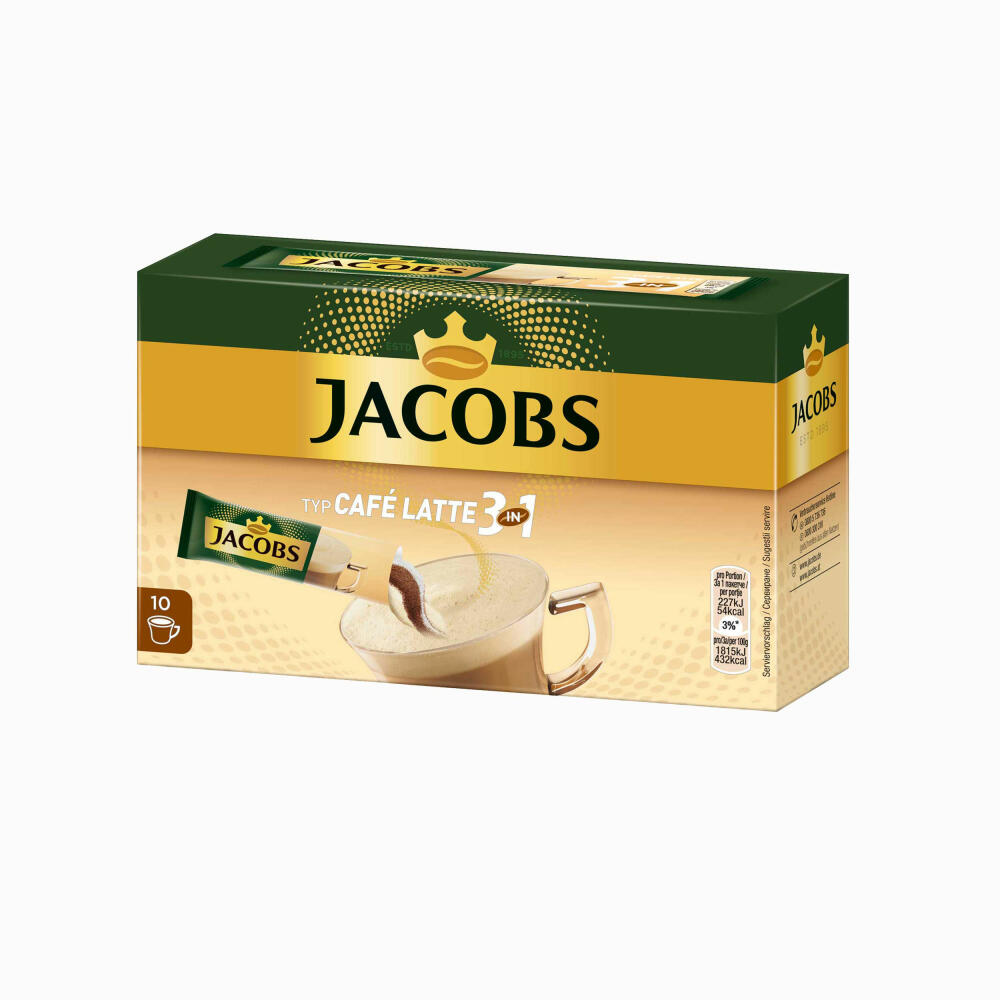 Jacobs 3in1 löslicher Kaffee, Typ Café Latte, Instantkaffee, 10 Becherportionen