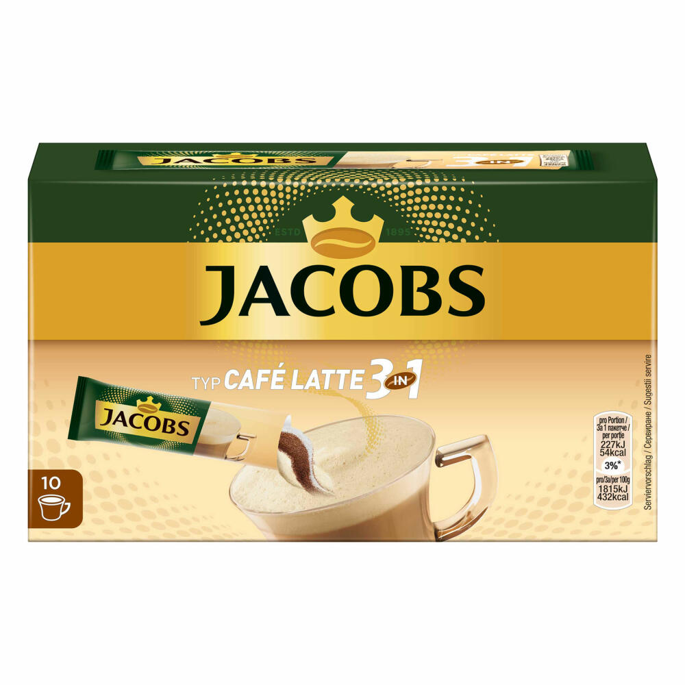 Jacobs 3in1 löslicher Kaffee, Typ Café Latte, Instantkaffee, 10 Becherportionen