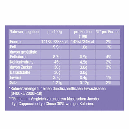 Jacobs Momente Choco Cappuccino so leicht, Mild mit Milka Schokonote, kalorienarm, Nachfüllbeutel 400g, 249569