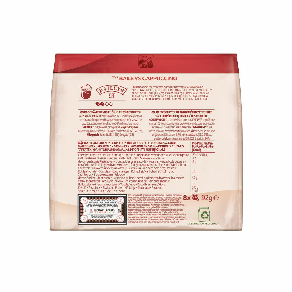 Senseo Typ Cappuccino Baileys Kaffeepads, Aromatisch, Kaffee, Löslicher Kaffee, 8 Pads
