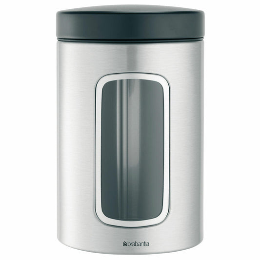 Brabantia Runde Fensterdose, Vorratsdose, Dose, Frischhaltedose in Matt Edelstahl Fingerprint Proof mit Fenster, Deckel in Matt Schwarz, 1.4 Liter, 299247
