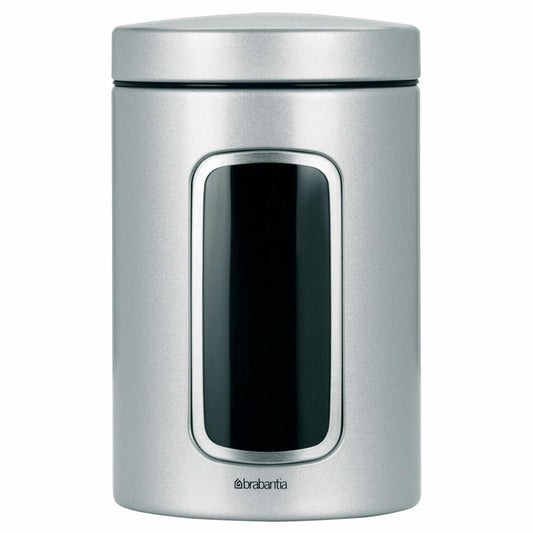 Brabantia Runde Fensterdose, Vorratsdose, Dose inMetallic Grau mit Fenster, 1.4 Liter, 243509