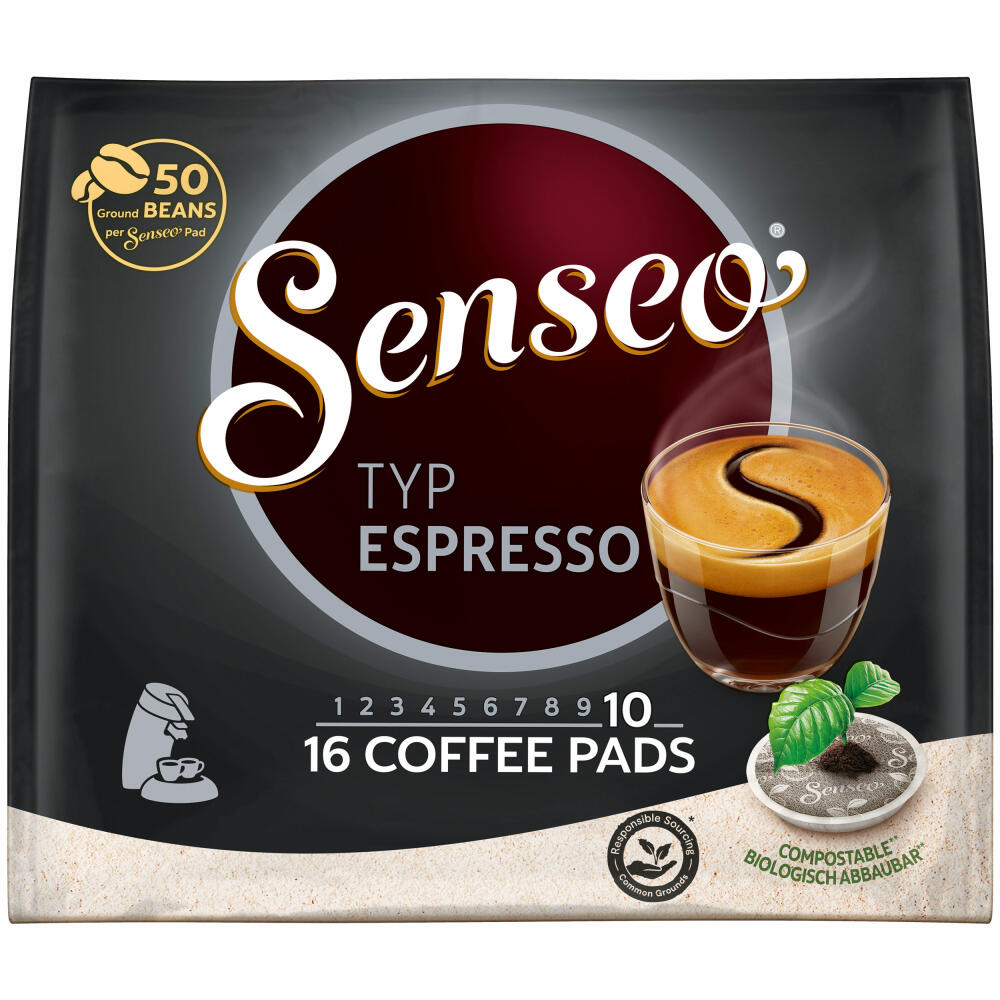 Senseo Type Espresso, Coffee Pads, Aromatic and Full-Bodied, Roasted Coffee, Coffee, 16 Pads
